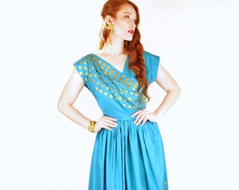 50s Aqua Blue Taffeta with Gold Dots Dress with Sari Style Wrap Bodice S M • VFG