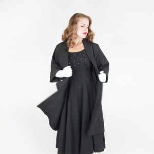 1950s Black Faille Dress with Rhinestones + Flaring Clutch Coat M - VFG Member