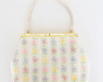 1960s Beaded Handbag - White & Pastel Floral Purse - Mother of Pearl Inlay Frame - Unused Giftable Condition - VFG Member