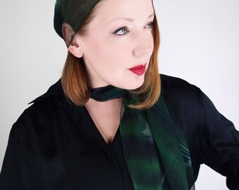 1950s–60s Dark Green Sheer Silk Chiffon Scarf – Hand-Painted Look, Oblong 70" x 14" – VFG Member