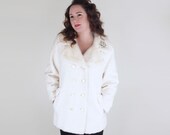 70s White Faux Faux Fur Back Belted Peacoat Jacket M L