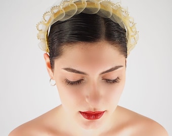 1950s Yellow Velvet & Netting Headband with Faux Pearl Trim – Structured Whimsy – VFG Member