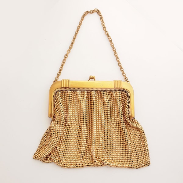 40s Whiting & Davis Gold Metal Mesh Evening Bag with Chain Handle • Deco Look Frame • VFG