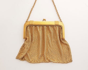 40s Whiting & Davis Gold Metal Mesh Evening Bag with Chain Handle • Deco Look Frame • VFG