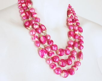 60s Magenta Pink 3 Strand Bead Necklace • Adjustable 16-18" • VFG