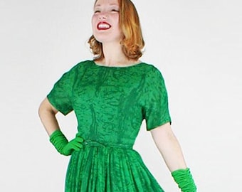 1950s Green Artful Print Layered Silk Chiffon Full Skirt Dress by Dauphine L - VFG Member