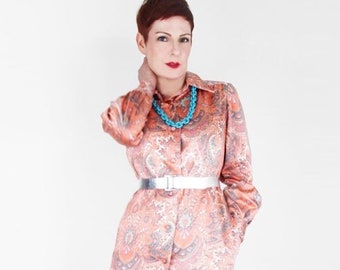 70s Peach & Aqua Paisley Satin Long Shirtdress by Nat Kaplan Couture S M • VFG