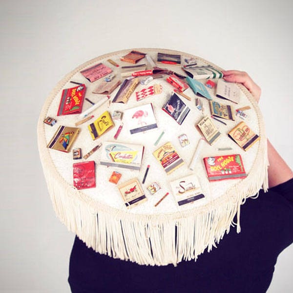 50s Fringed Hat Covered in Matchbooks, Matches & Cigarettes - Vegas, LA, Palm Springs
