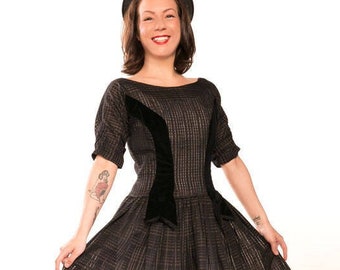 50s Brown/Black Plaid Full Skirt Dress with Black Velvet Details by Candy Jrs. S • VFG