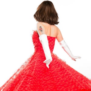 1950s Red Tulle Lace & Taffeta Strapless Formal Dress XXS - Ballet Style, Ruffled Bodice - VFG Member