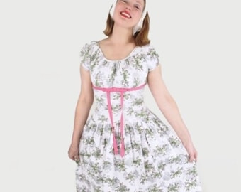 1950s Cotton Piqué Dress - White Floral Print with Pink Bow - Drop Waist - M - VFG Member