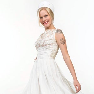 1960s White Chiffon Full Skirt Dress with Pink Lattice Sequined Bodice XS • VFG Member
