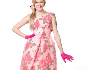 Early 1960s Pink Roses Full Skirt Party Dress with Attached Crinoline XXS - Adorable Back Bow - VFG Member