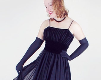 60s Black Velvet Stripe Circle Skirt Party Dress XS • VFG