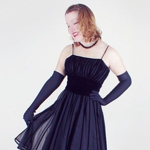60s Black Velvet Stripe Circle Skirt Party Dress XS VFG image 1