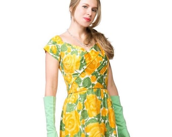 1950s Yellow-Green Rose Cotton Sateen Dress - Garden Party - by Robert Morton S - VFG Member