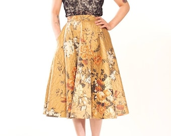 1950s Flower Print Quilted Cotton Sateen Circle Skirt - Ilene Ricky 24&quot; - VFG Member