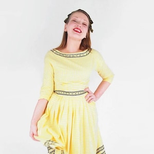1950s Yellow Gingham Skirt & Blouse Set – Hand Embroidered  - M - VFG Member