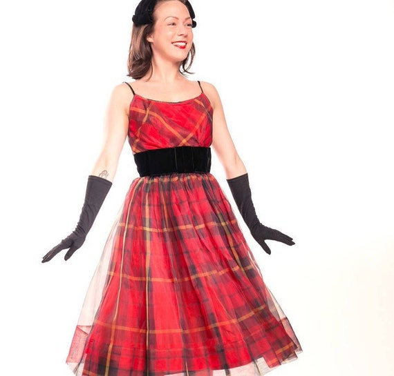 50s Red Plaid Silk Organza Party Dress with Black… - image 2