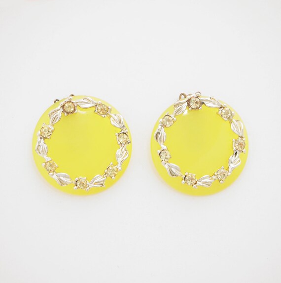 50s Yellow Moonglow Lucite Disk Clip on Earrings … - image 2