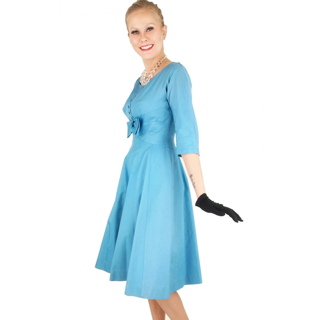 50s Aqua Blue Faille Dress With Front Bow and Flaring Skirt M - Etsy