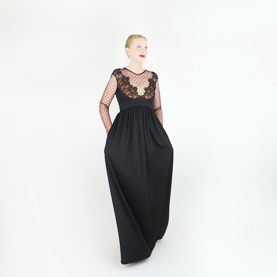 1970s Victor Costa Black Jersey Gown With Sheer Point D'esprit & Lace Bodice S/M VFG Member - Etsy 1970s Victor Costa Black Jersey Gown With Sheer Point D'esprit & Lace Bodice S/M VFG Member - Etsy
