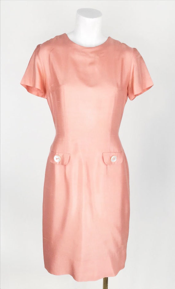 60s Peach Silk Sheath Dress & Light Coat with She… - image 3