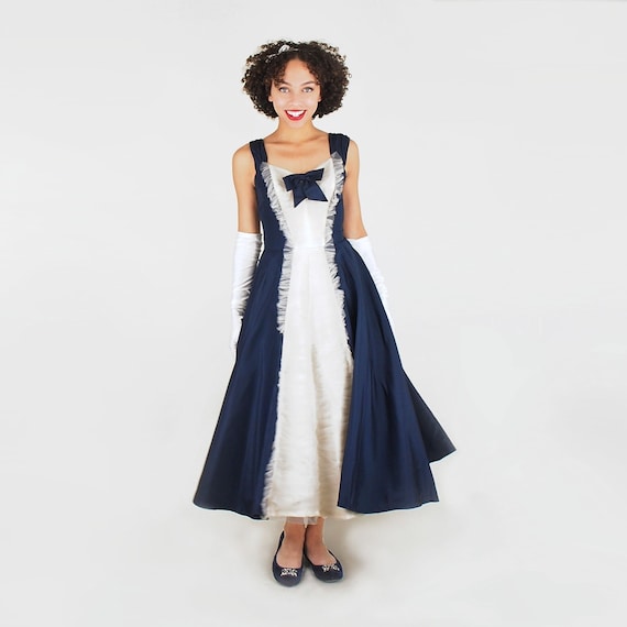 50s Navy Taffeta Circle Skirt Party Dress with Wh… - image 1