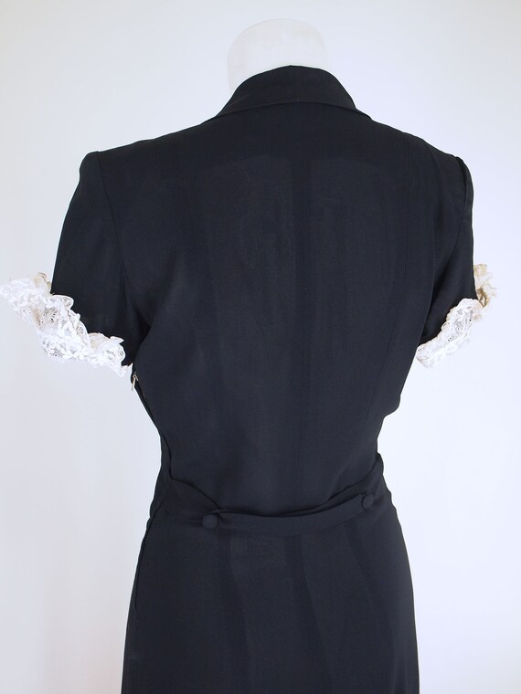 40s Eisenberg Black Rayon Dress with White Lace D… - image 6