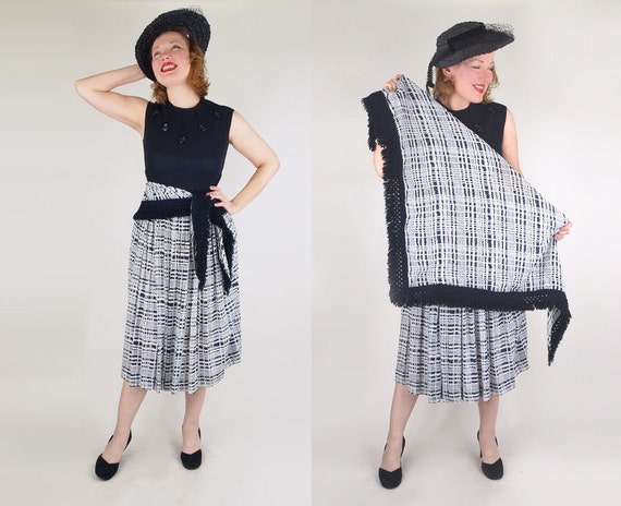 40s Navy & White Rayon Dress with Fringed Shawl by