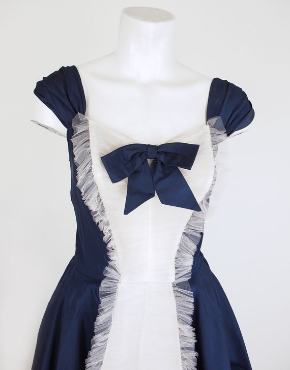 50s Navy Taffeta Circle Skirt Party Dress with Wh… - image 4
