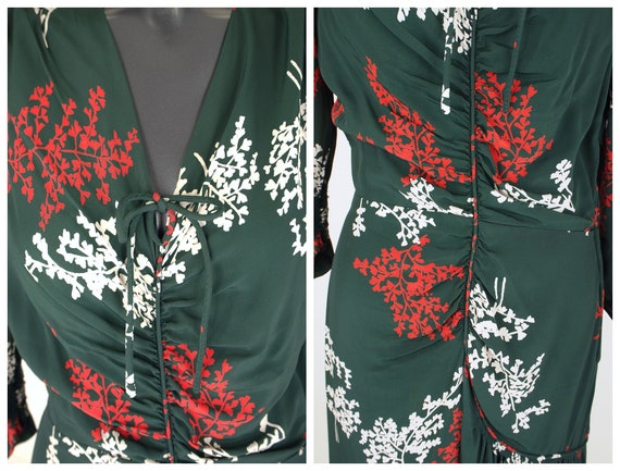 Late 40s Printed Green Rayon Dress with Ruching X… - image 5