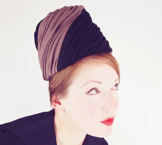 60s Hattie Carnegie Black & Brown Swirl Tall Hat … - image 1