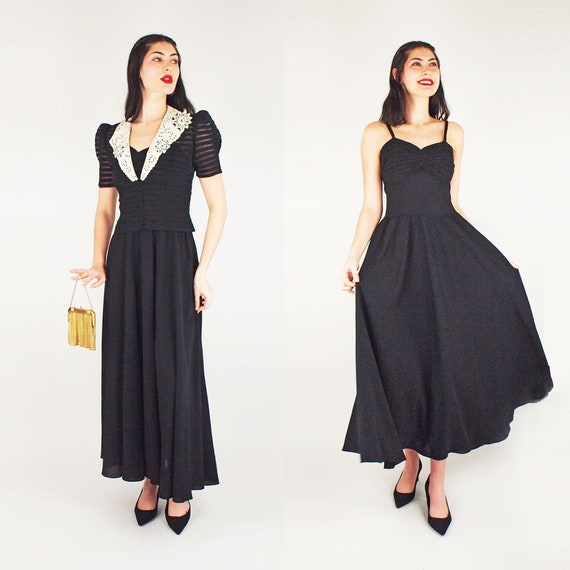 30s Long Black Dress + Jacket with Lace Collar & … - image 1
