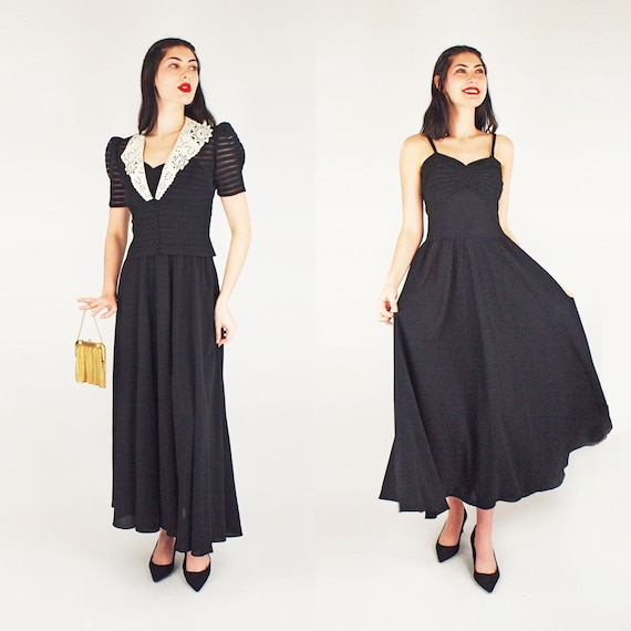 1930s Evening Dress + Jacket in Black with Lace Collar & Puffed Sleeves - Rayon Stripes Over Sheer Netting S - VFG Member