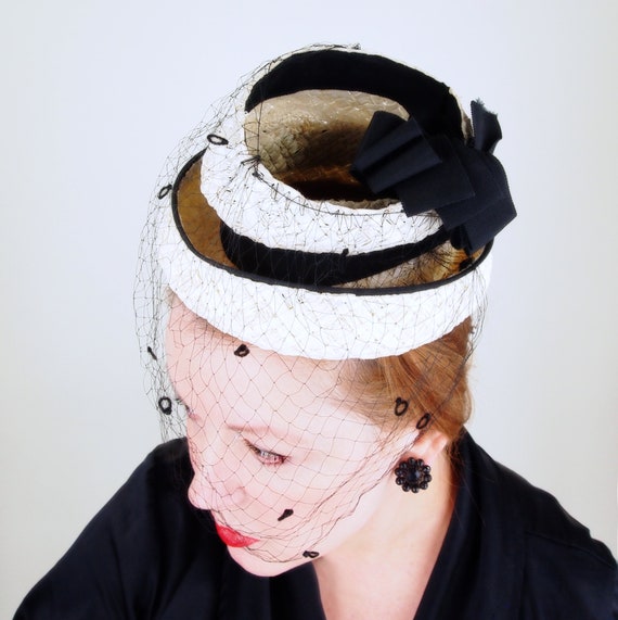 40s Tall Crown Tilt Hat by Kurt Richard - Cream C… - image 2