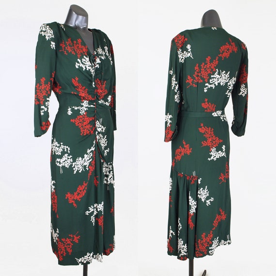 Late 40s Printed Green Rayon Dress with Ruching X… - image 2