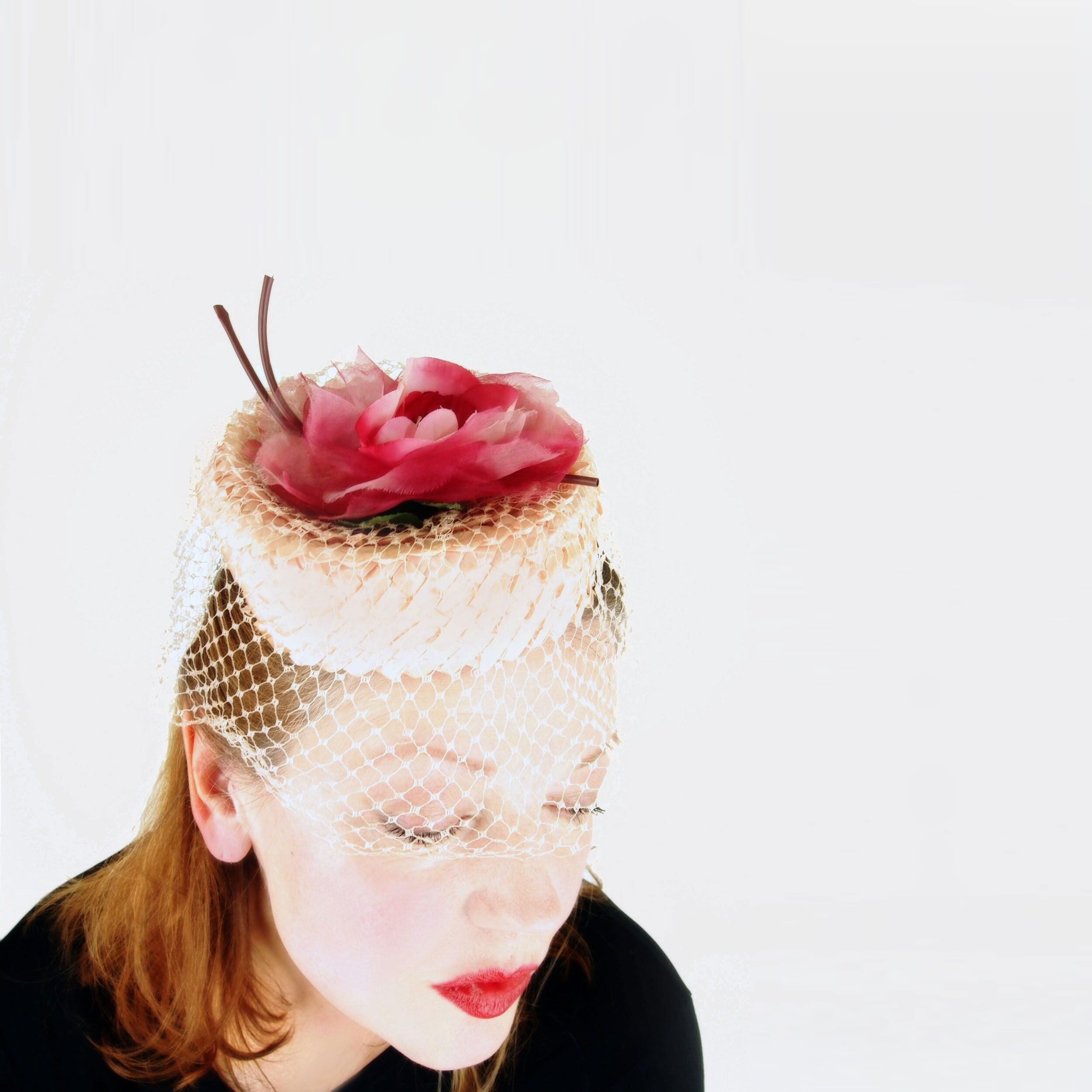 Vintage 60s pillbox hat pink sheer netting faux flowers sz 21” 6 3/4 by Sonni Ca Angeline Alice Millinery | Pink vintage straw pillbox hat  main image 2