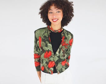 1950s Angelon by Darlene Cardigan Sweater – Hand-Screened Green & Orange Floral – Angora Wool – S – VFG Member