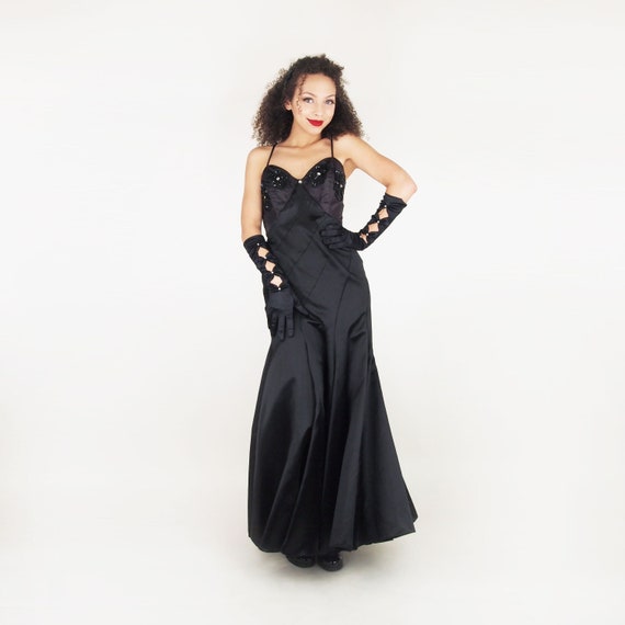 70s Black Satin Long Dress with 30s-style Seaming… - image 1