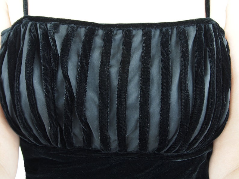 60s Black Velvet Stripe Circle Skirt Party Dress XS VFG image 5