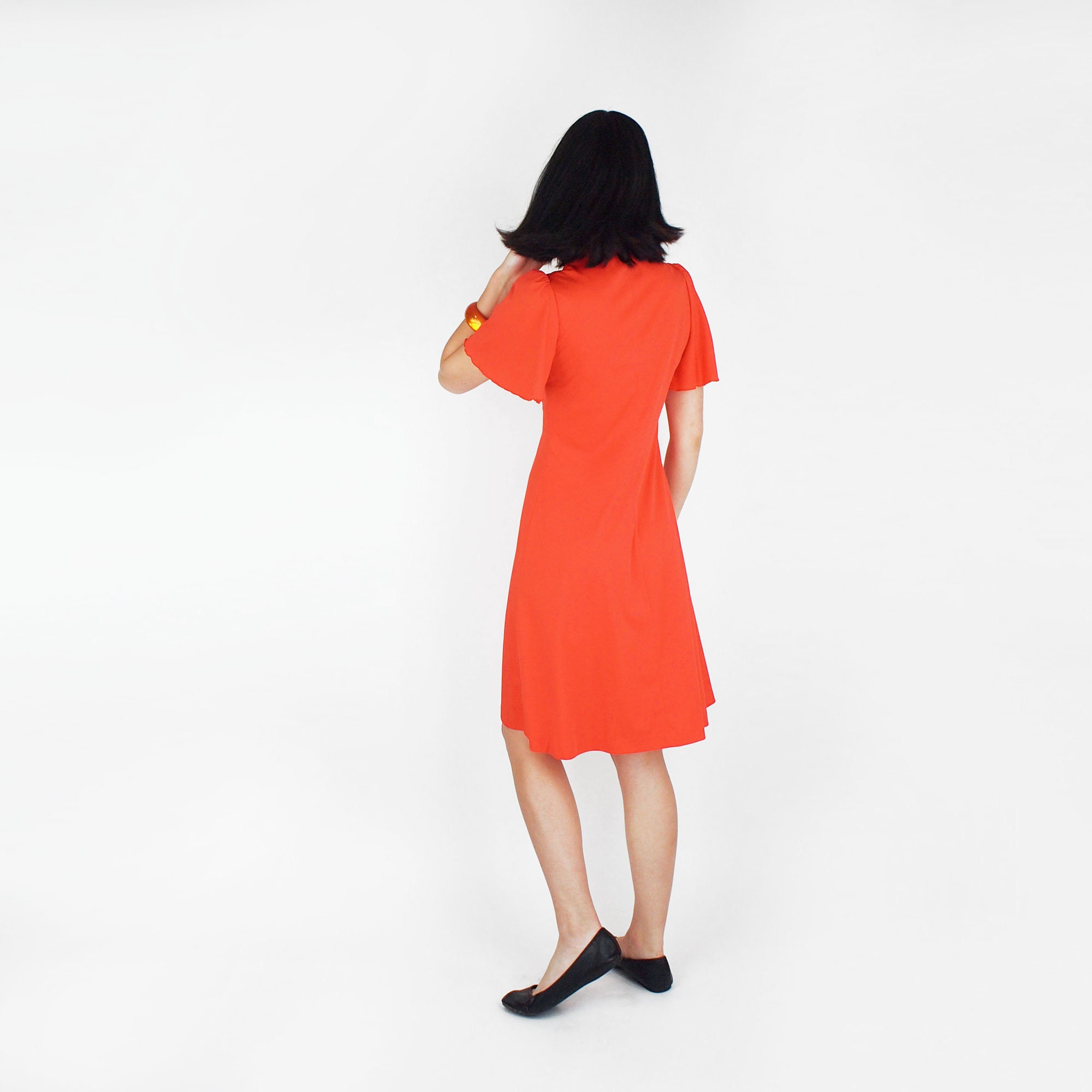 70s Orange Knit Retro Style Dress With Smocking by Jody T
