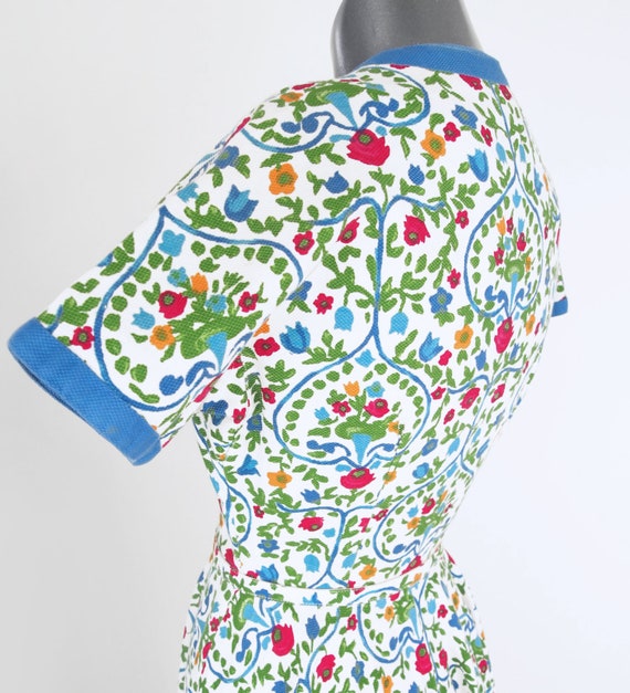 50s Blue Floral Cotton Pique Circle Skirt Dress w… - image 6