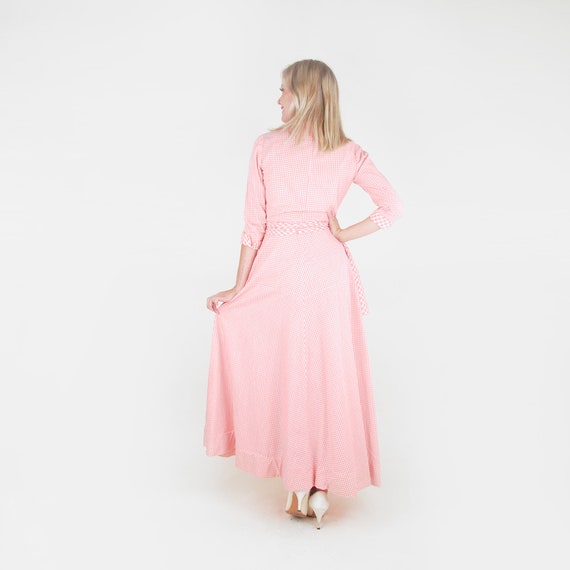 50s Pink Gingham Long Hostess Dress with Sash XS … - image 2