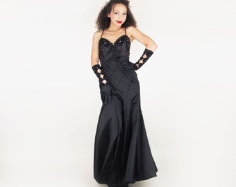 70s Black Satin Long Dress with 30s-style Seaming & Open Back - Climax by Karen Okada for David Howard S • VFG