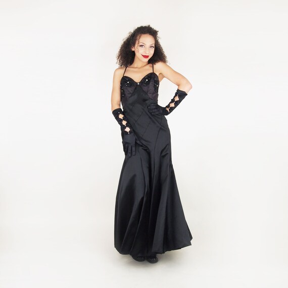 70s Black Satin Long Dress with 30s-style Seaming