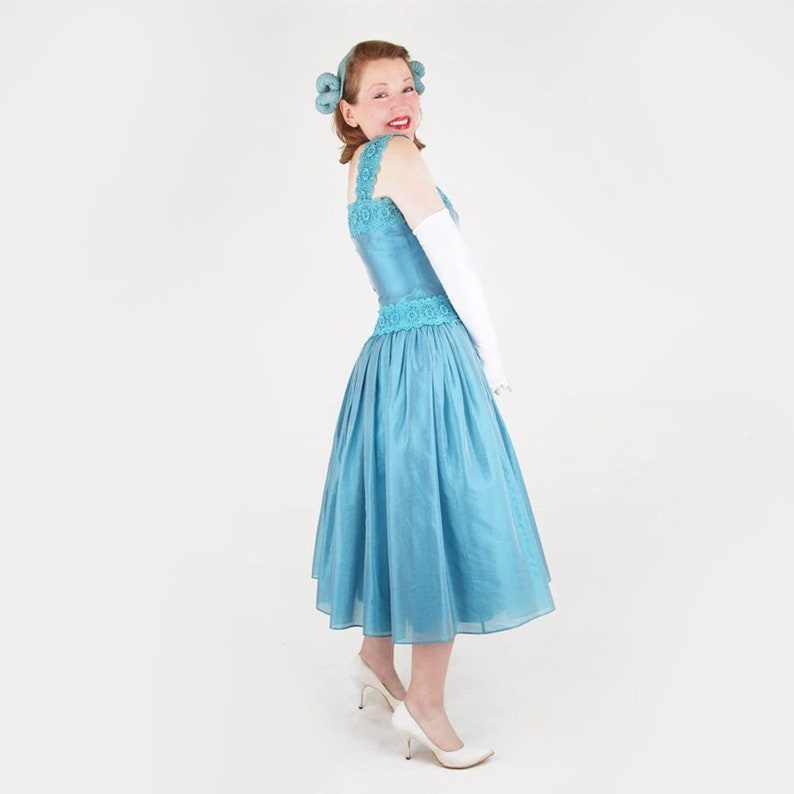 50s Blue Tea Length Full Skirt Prom Party Dress S VFG image 1
