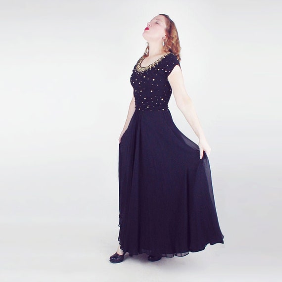 40s 50s Designer Long Black Rayon & Chiffon Dress