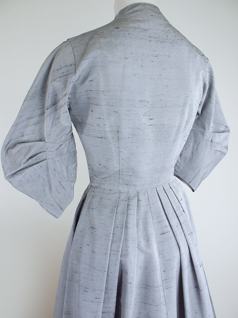 50s Iridescent Silver Silk Shantung Full Skirt Dress by Anne Fogarty Incredible Sleeves XS VFG image 7