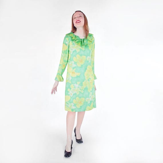 green floral shift dress Flared Sleeve Shift Dress-Multi, Orchid Canopy main image 0